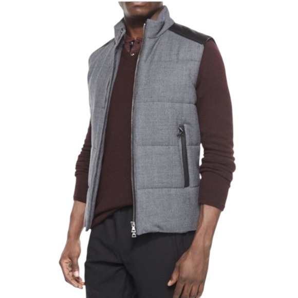 VINCE Men’s Wool Quilted Vest Gray  Black Genuine Lamb Leather Trim Size M - Picture 1 of 8